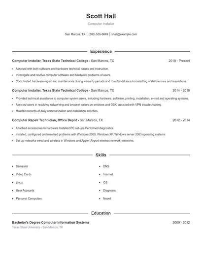 Computer Installer Resume