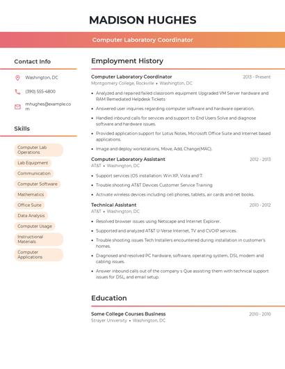 Computer Laboratory Coordinator Resume