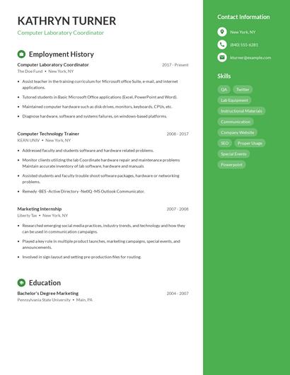 Computer Laboratory Coordinator Resume