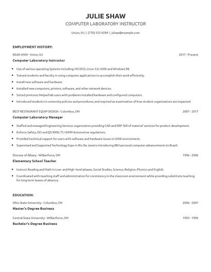 Computer Laboratory Instructor Resume