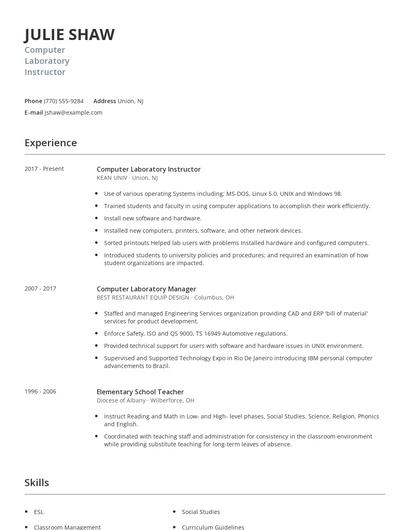 Computer Laboratory Instructor Resume