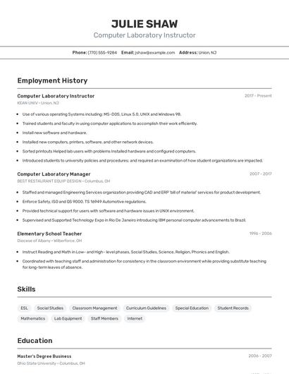 Computer Laboratory Instructor Resume