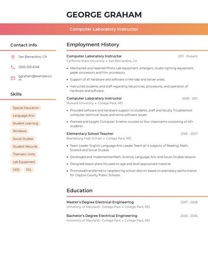 Computer Laboratory Instructor Resume
