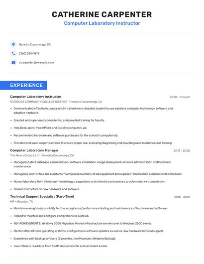 Computer Laboratory Instructor Resume