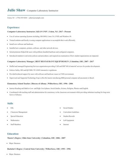 Computer Laboratory Instructor Resume
