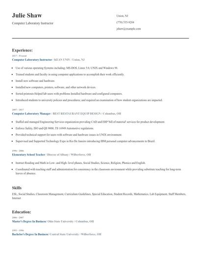 Computer Laboratory Instructor Resume