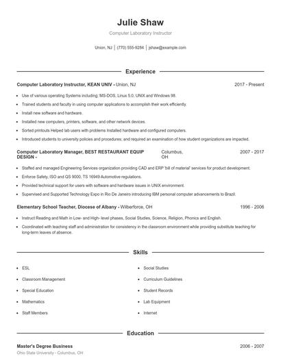 Computer Laboratory Instructor Resume