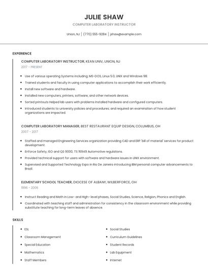 Computer Laboratory Instructor Resume