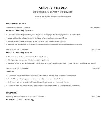 Computer Laboratory Supervisor Resume