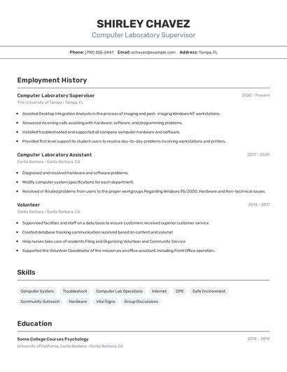 Computer Laboratory Supervisor Resume