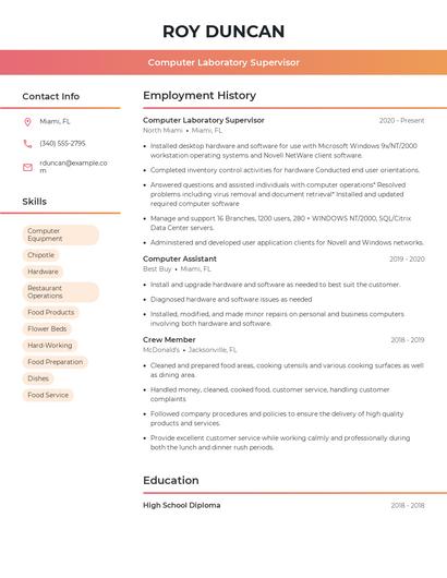 Computer Laboratory Supervisor Resume
