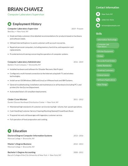 Computer Laboratory Supervisor Resume