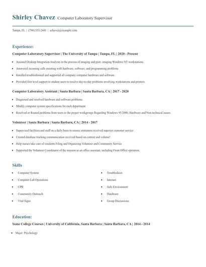 Computer Laboratory Supervisor Resume