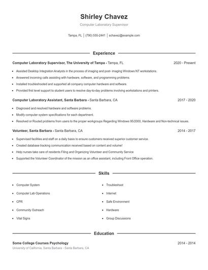 Computer Laboratory Supervisor Resume