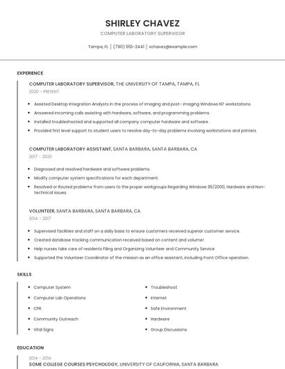Computer Laboratory Supervisor Resume