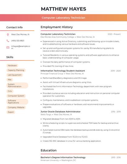 Computer Laboratory Technician Resume