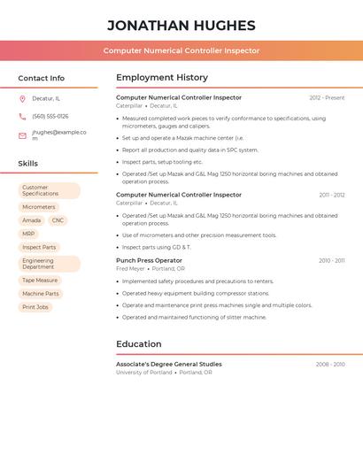 Computer Numerical Controller Inspector Resume