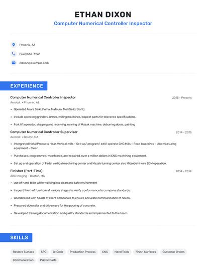 Computer Numerical Controller Inspector Resume