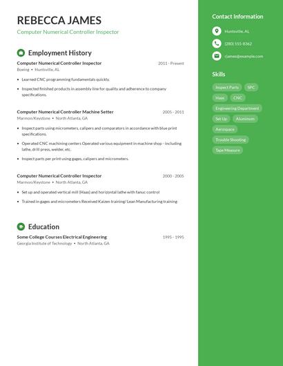 Computer Numerical Controller Inspector Resume