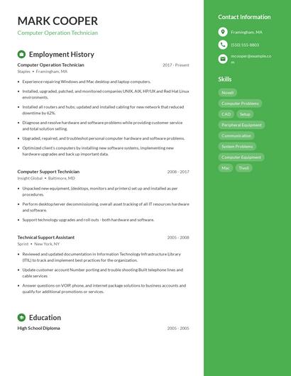 Computer Operation Technician Resume