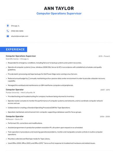 Computer Operations Supervisor Resume