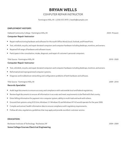 Computer Repair Instructor Resume