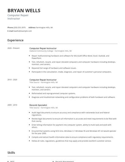 Computer Repair Instructor Resume