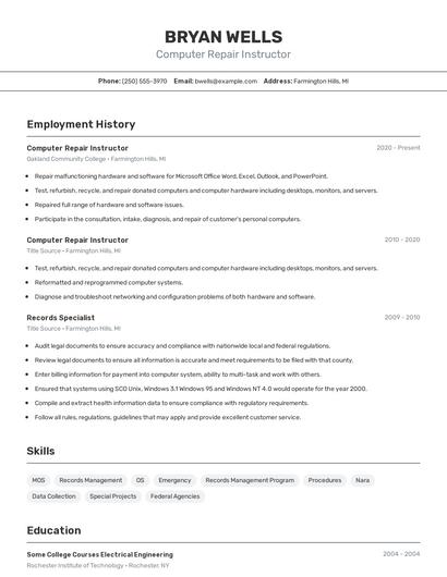 Computer Repair Instructor Resume