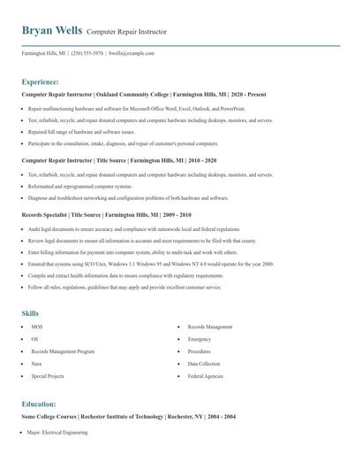 Computer Repair Instructor Resume