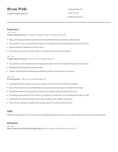 Computer Repair Instructor Resume