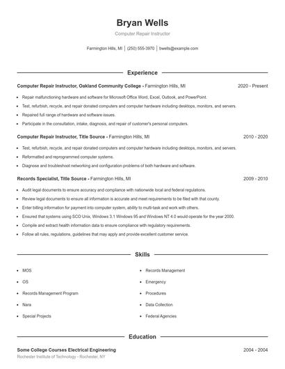 Computer Repair Instructor Resume