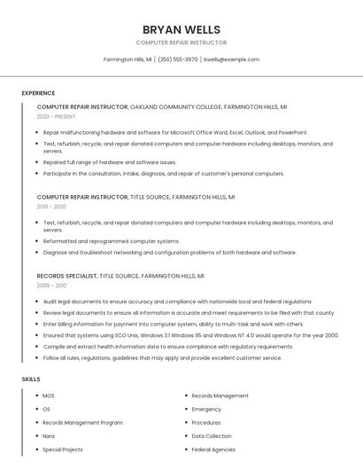 Computer Repair Instructor Resume