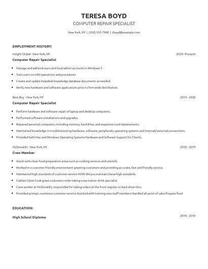 Computer Repair Specialist Resume
