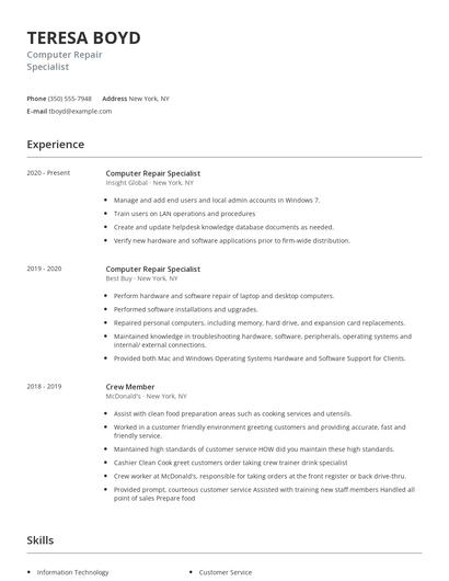 Computer Repair Specialist Resume