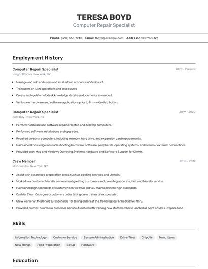 Computer Repair Specialist Resume