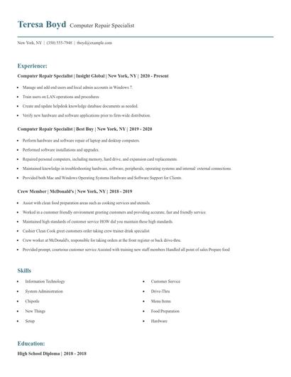 Computer Repair Specialist Resume