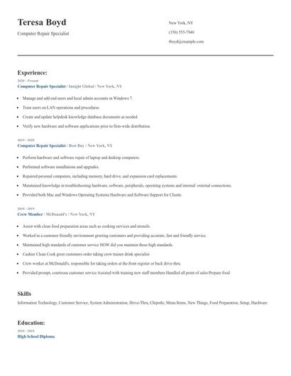 Computer Repair Specialist Resume