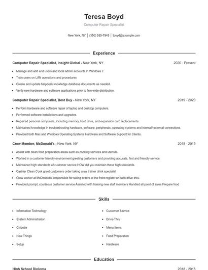 Computer Repair Specialist Resume