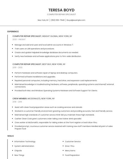 Computer Repair Specialist Resume