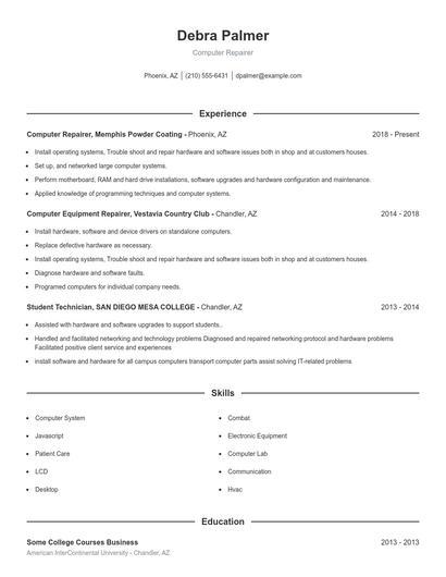Computer Repairer Resume