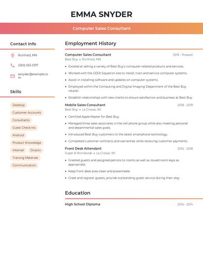 Computer Sales Consultant Resume