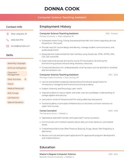 Computer Science Teaching Assistant Resume