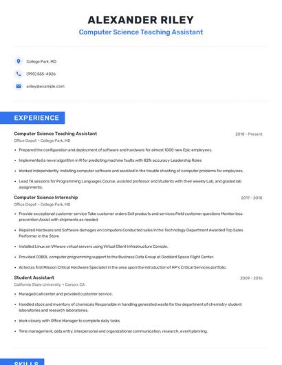 Computer Science Teaching Assistant Resume