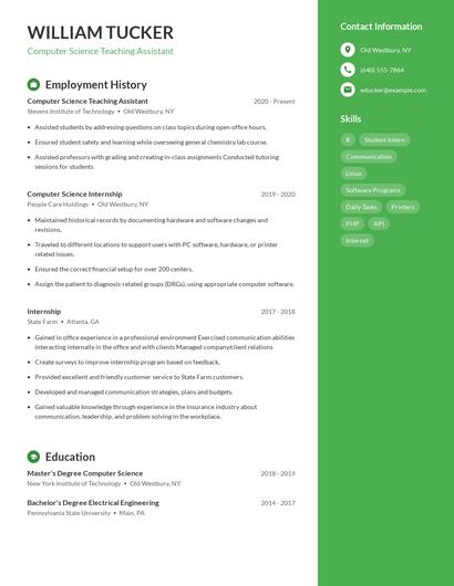 Computer Science Teaching Assistant Resume