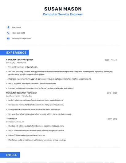 Computer Service Engineer Resume
