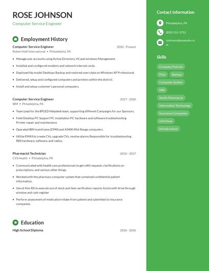 Computer Service Engineer Resume