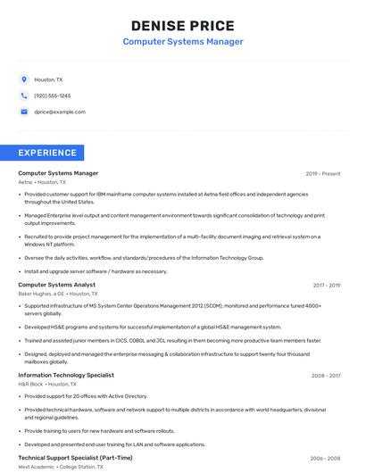 Computer Systems Manager Resume
