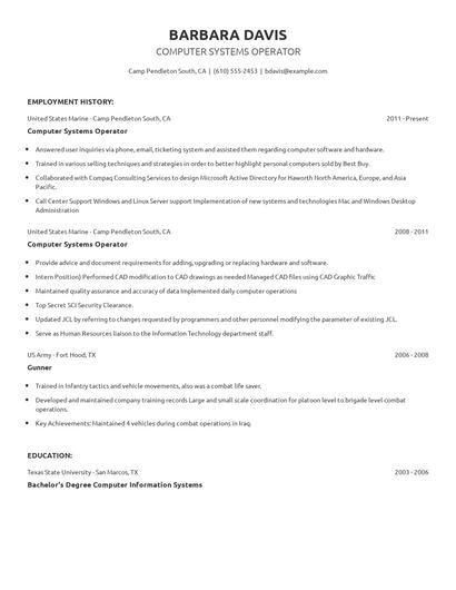 Computer Systems Operator Resume