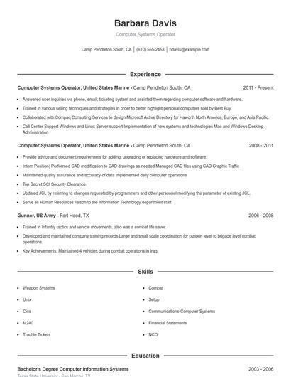 Computer Systems Operator Resume