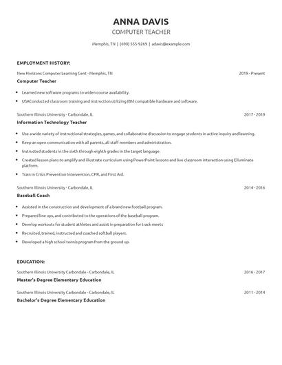 Computer Teacher Resume